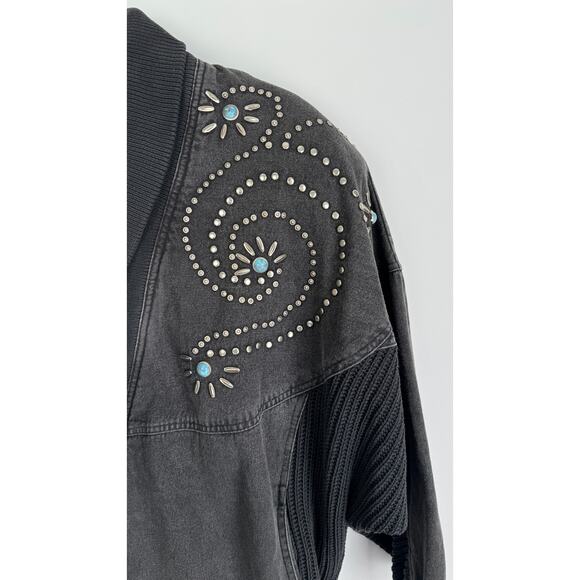 IB Sport Vintage Black Denim Sweater Jacket Aztec Turquoise Womens Large - Picture 14 of 16